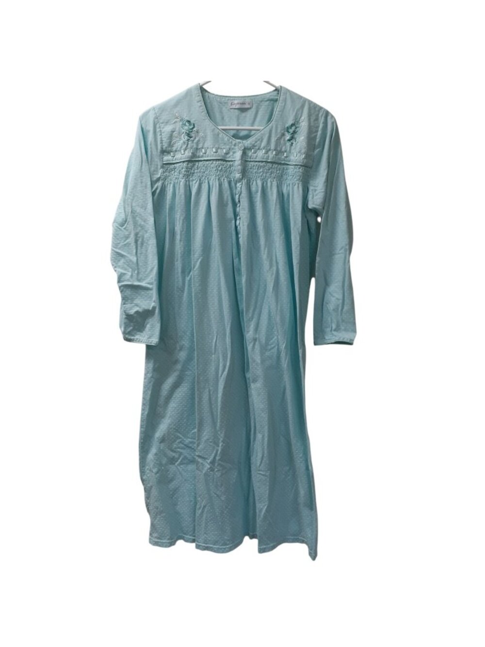 Keyocean Womens Nightgown S Blue Smocked Embroidered Ribbon Flocked Long Sleeve